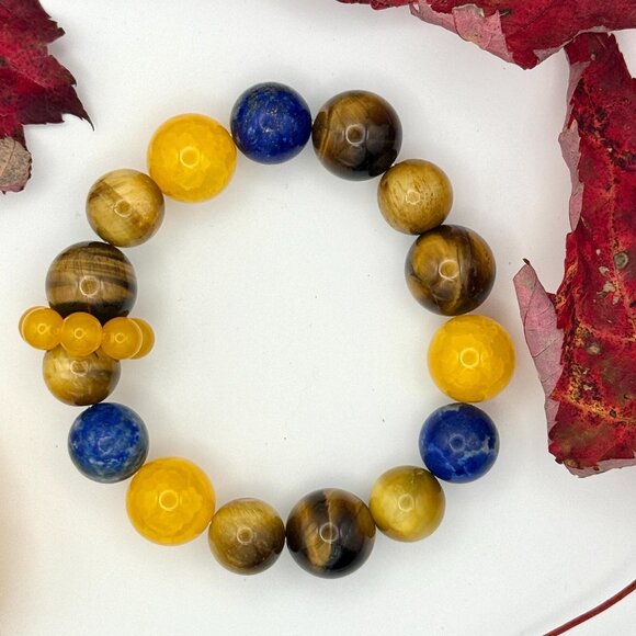 Energy Balance Bracelet Yellow Agate Tiger Eye and Lapis Lazuli Stretch Bracelet - Picture 3 of 5